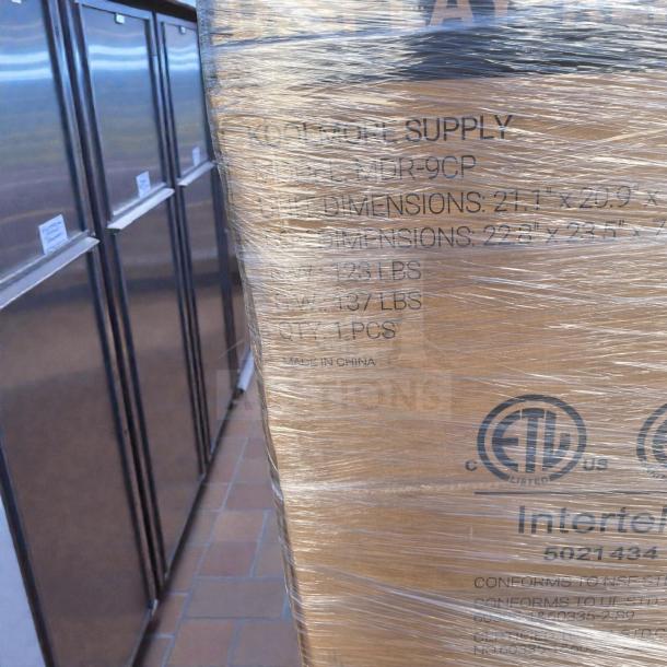Brand new KoolMore MDR-9CP commercial refrigerator in original packaging, 9 Cu. Ft., ETL Listed, dimensions 21.1"x20.9"x49.9".