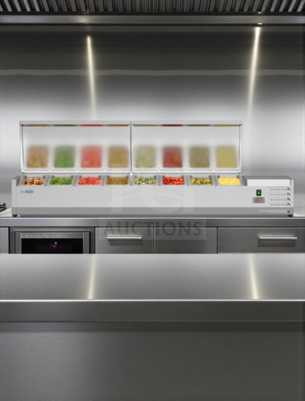 Brand new KoolMore SCDC-8P-SSL refrigerated prep rail, stainless steel, UL Listed, open box, premium condition.