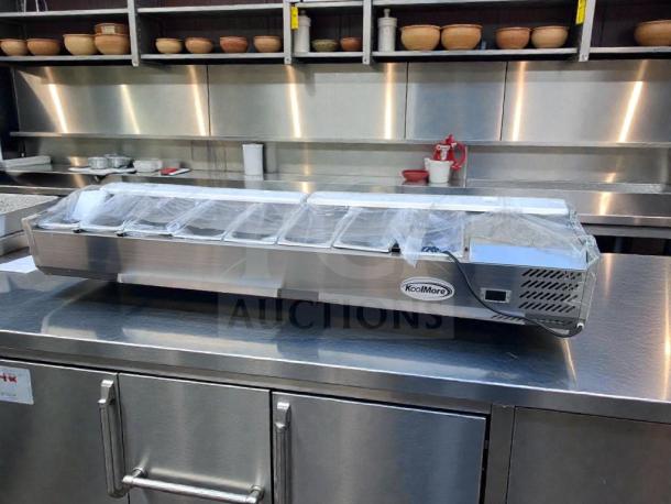 Brand new KoolMore SCDC-8P-SG refrigerated prep rail, 8-pan capacity, glass sneeze guard, UL listed, never used, original box.