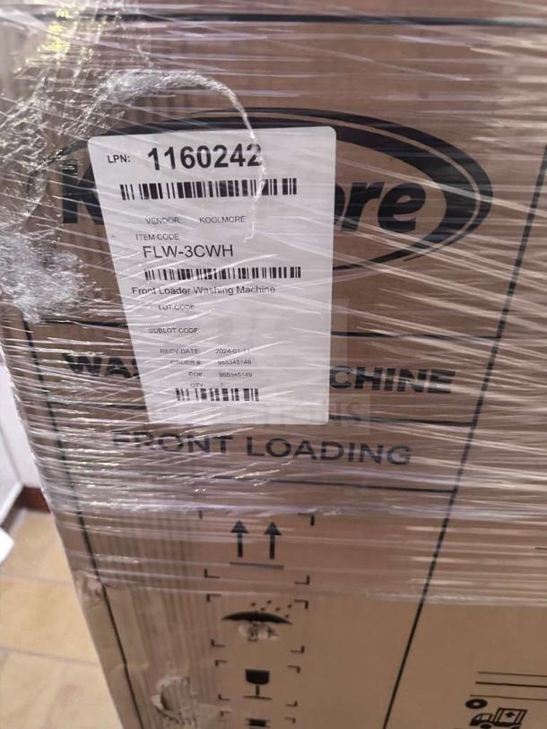 Brand new KoolMore FLW-3CWH front-load washing machine, 3.0 cu. ft., UL listed, in original box with labels visible.