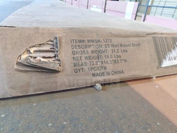 Cardboard box with KoolMore 12" x 72" stainless steel wall shelf. Item #WMSH-1272, made in China, shows minor box damage.