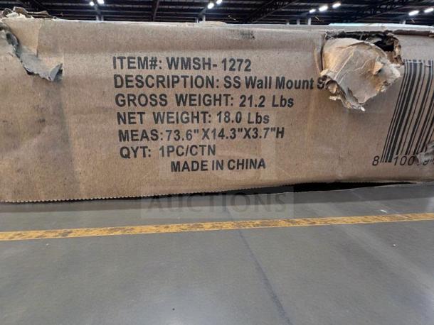 KoolMore 12" x 72" stainless steel wall shelf, model WMSH-1272, scratch & dent, new condition, box with damage.