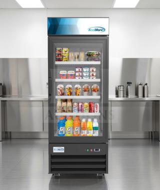Brand new KoolMore MDR-1GD-23C single-door commercial glass display refrigerator with LED lighting. Model KOO-L-MER-0698.