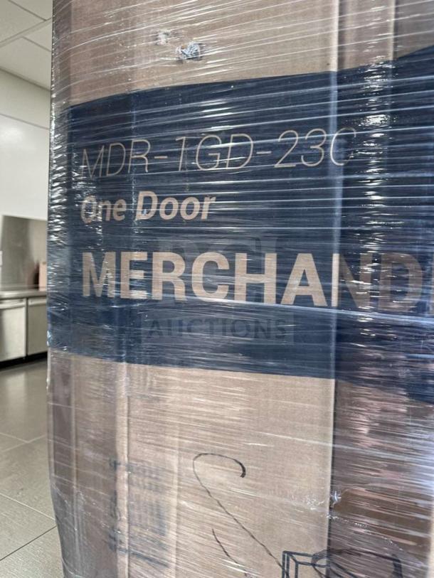 KoolMore MDR-1GD-23C one-door commercial glass display refrigerator, brand new in packaging, model marked on box.