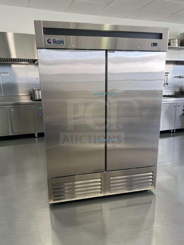 Brand new Ikon IB54F commercial freezer, 54-inch double door, uses R290 refrigerant, ETL & NSF listed, stainless steel.