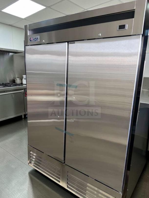 Brand new Ikon IB54F commercial double-door freezer, 54 inches, R290 refrigerant, ETL & NSF listed, stainless steel finish.