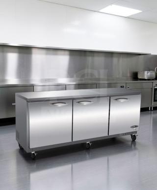 Brand new Ikon IUC72R commercial undercounter refrigerator, 72-inch stainless steel, three doors, ETL & NSF listed.