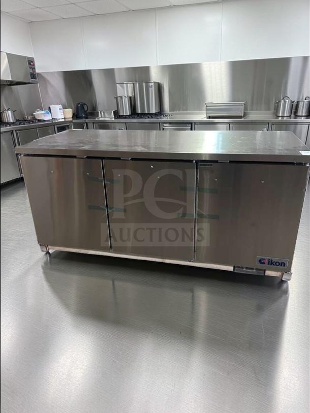 Brand new Ikon IUC72R commercial undercounter refrigerator, 72" stainless steel, 3-door, ETL & NSF listed.