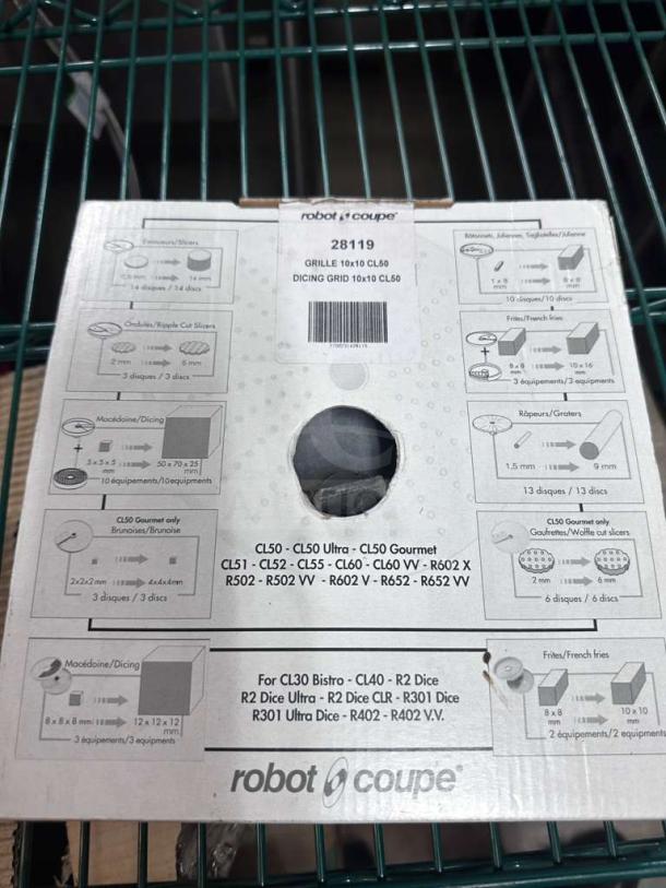 Brand new Robot Coupe 28119 10×10 mm dicing grid for food processors. Box shows model compatibility and detailed usage instructions.