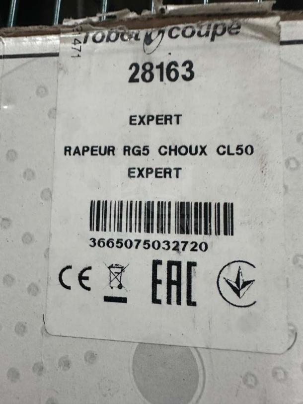 Brand new Robot Coupe 28163 RG5 grating disc for commercial food processor. Includes product label with serial code and certifications.