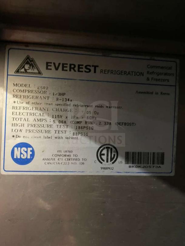 Everest Refrigeration ESR Series label, showing model ESR2, 115V electrical, NSF certification, and refrigerant R-134a.