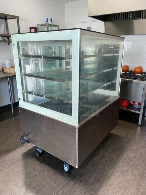 Immaculate glass display case, commercial model, 115V, single phase, fully tested, wheels for mobility, excellent condition.