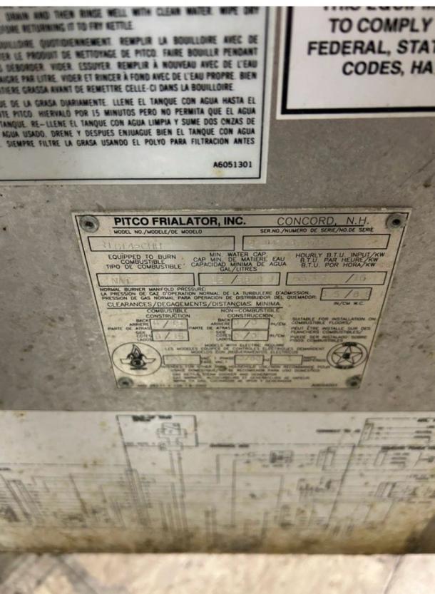 Pitco Frialator R14-Series commercial gas pasta cooker data plate, premium condition, natural gas, fully tested.