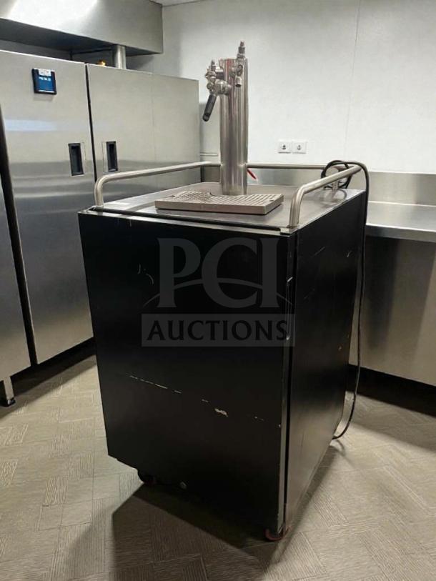 Kegco 3.4 CF stainless steel kegerator in premium condition, features draft dispenser, tested 32°F–50°F, model BEV-M-KGR-01860.