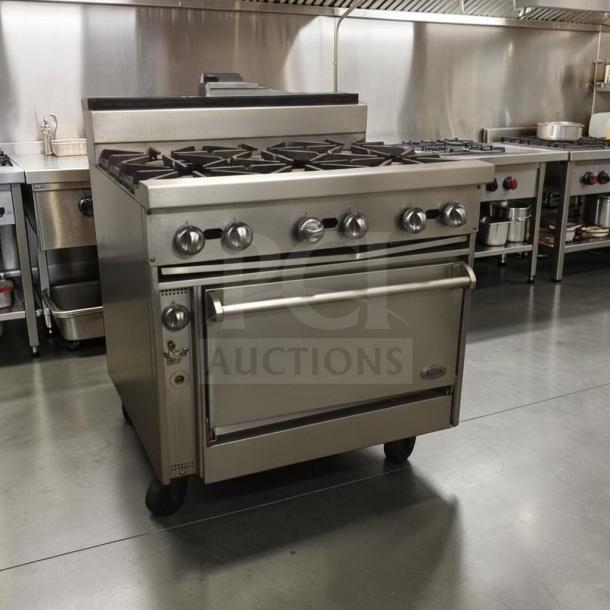 Jade JTRH-6-36C commercial gas range with oven, stainless steel, 36", pristine condition, fully tested, model JAD-L-RNG-0248.