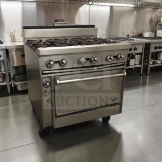 Jade JTRH-6-36C commercial gas range with oven, stainless steel, 36", pristine condition, fully tested, model JAD-L-RNG-0248.