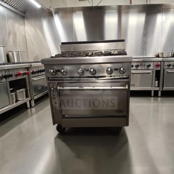 Jade JTRH-6-36C commercial gas range with oven, 36", top-tier condition, fully tested, stainless steel, front control knobs.