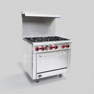 Commercial 6-burner stainless steel gas range with oven, red knobs, fully tested, premium condition, model GEN-L-RNG-0277.