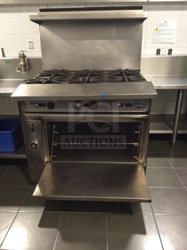 Commercial 6-burner gas range with oven, stainless steel, model GEN-L-RNG-0277, fully tested, premium condition.