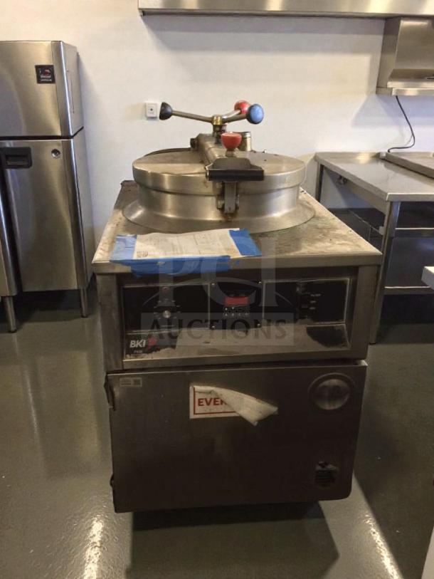 BKI Commercial Pressure Fryer, floor model, stainless steel, premium condition, fully tested, visible controls and labels.