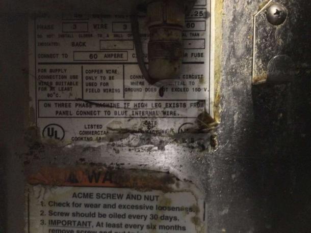 BKI Commercial Pressure Fryer label; states 60 Amp connection, UL listed. Includes maintenance instructions.