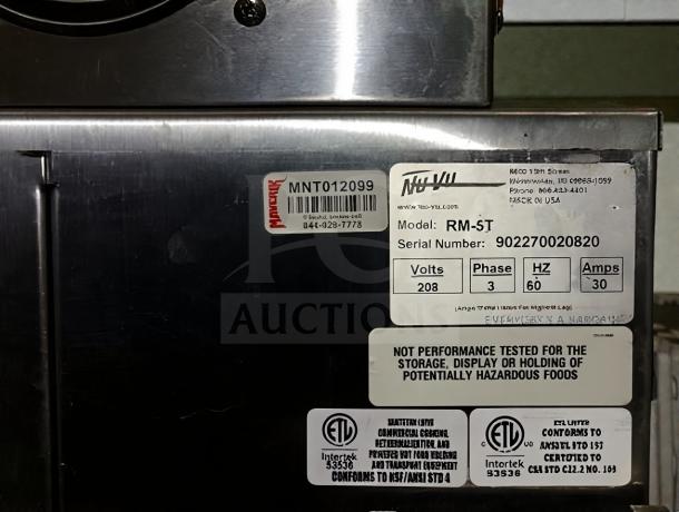 Nu-Vu RM-5T commercial electric oven, 208V/3 Phase, ETL listed, excellent condition, model label shown with specs.