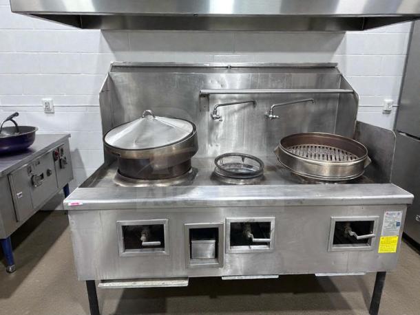 China Pacific Commercial Gas Wok Range, 3-Ring Burners, NSF Certified, fully operational, premium condition, model CP-L-RNG-0320.