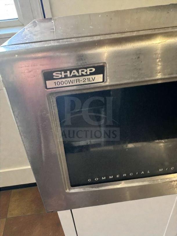 Sharp R-21LV Commercial Microwave Oven, 1000W, stainless steel, premium condition, model label visible, fully tested.