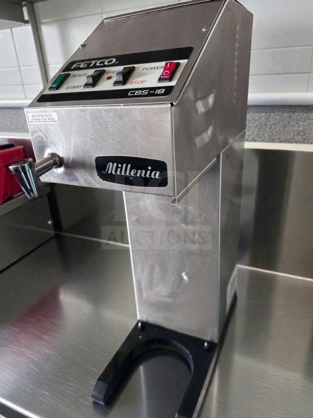FETCO Millennia CBS-18 commercial coffee brewer, UL listed, 120V, fully operational, top-tier condition, stainless steel body.