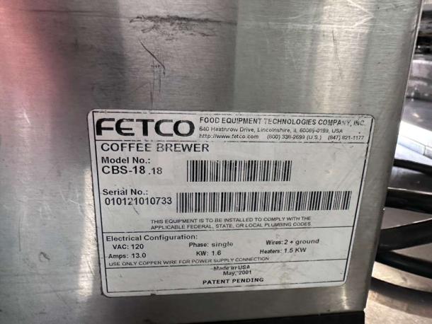 FETCO Millennia CBS-18 commercial coffee brewer label, model CBS-18.18, 120V, UL listed, serial 010121010733.