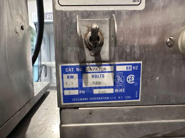 Cecilware JVA20B coffee dispenser, UL listed, tested, 120V, 60Hz, in premium condition, label shows specs and branding.