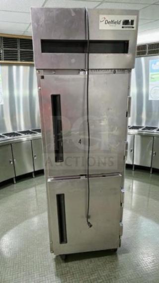Delfield 2-section reach-in refrigerator in stainless steel, excellent condition, 115V, UL listed, fully tested, Model DEL-L-REF-0556.