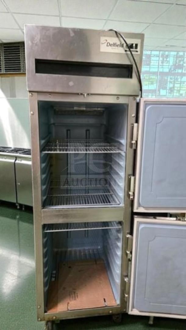 Delfield 2-section stainless steel reach-in refrigerator, excellent condition, UL listed, 115V, model DEL-L-REF-0556.