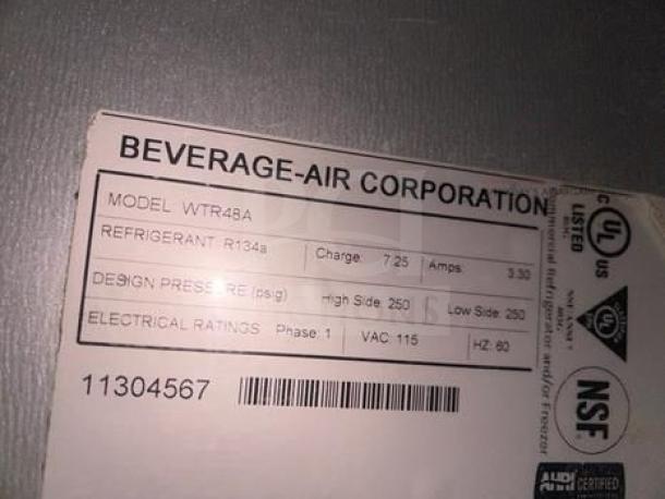 Beverage-Air WTR48A label showing model, refrigerant type, design pressure, electrical ratings, UL and NSF certifications.