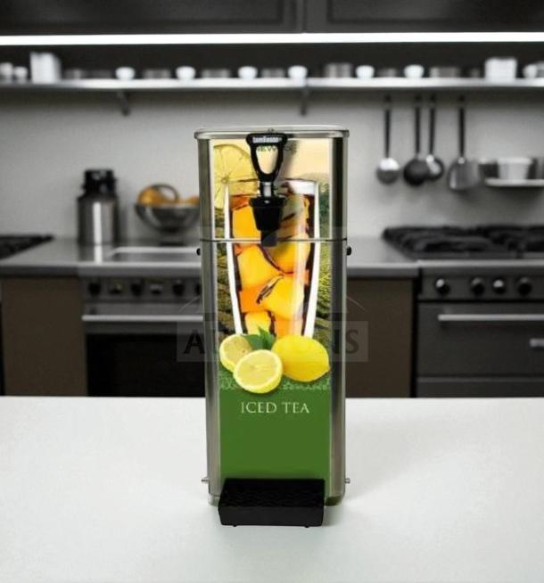 Newco FPM-1 countertop lemonade dispenser, premium condition, NSF listed, fully tested, features iced tea graphics.