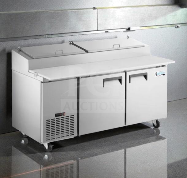 Avantco 60" two-door pizza prep refrigerator, stainless steel, UL listed, 115V, prime condition, fully tested, on casters.