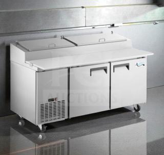 Avantco 60" two-door pizza prep refrigerator, stainless steel, UL listed, 115V, prime condition, fully tested, on casters.