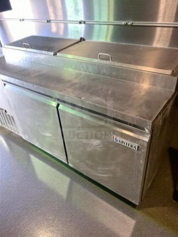 Avantco 60" two-door pizza prep refrigerator in stainless steel, prime condition, UL listed, model AVA-L-PREP-0532, fully tested.