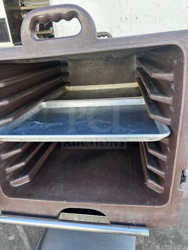 Carlisle Insulated Food Carrier, commercial model, open with trays, brown, impeccable condition, fully tested.