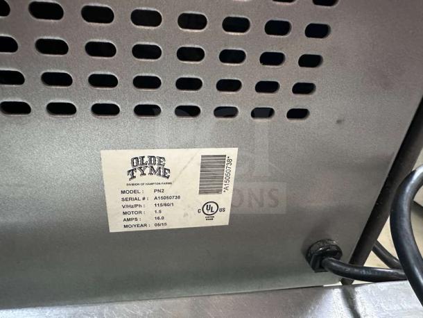 Olde Tyme PN2 nut butter grinder, UL Listed, serial A15050738. Features include 115V, 1.5 motor, 16 Amps, tested operational.