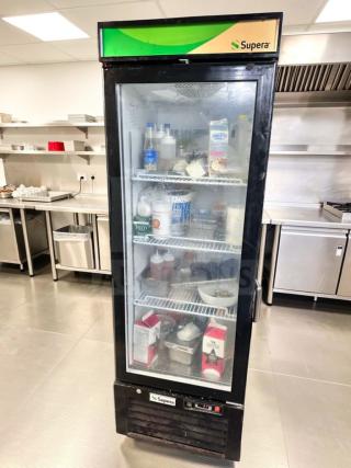 Supera G1M-16-B-1 glass door merchandiser refrigerator, ETL listed, fully tested, superior condition, 115V, visible branding.