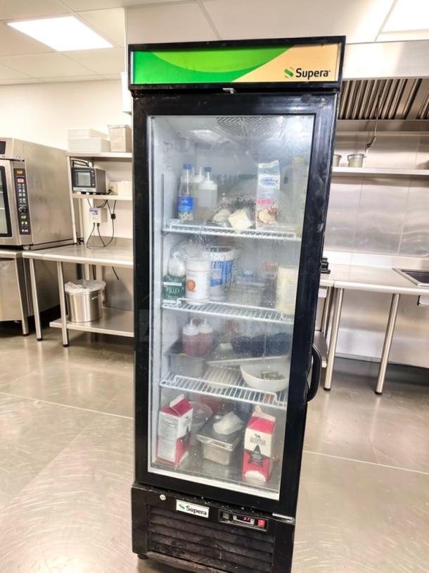 Supera G1M-16-B-1 glass door merchandiser refrigerator, superior condition, 115V, ETL listed, fully operational.