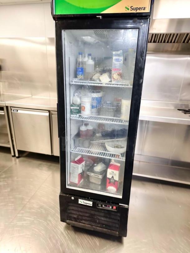Supera G1M-16-B-1 commercial glass door merchandiser refrigerator, superior condition, ETL listed, fully tested, 115V.