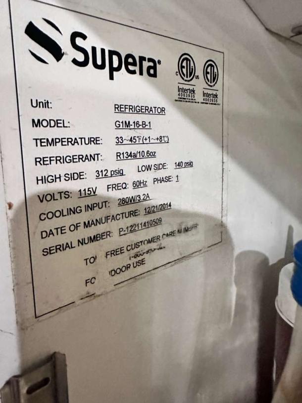 Supera G1M-16-B-1 commercial refrigerator label, featuring model, voltage, temperature, refrigerant details, and ETL certification.