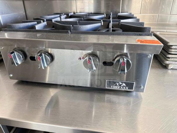 Crestware TCHPA24 Commercial Gas Hot Plate, 4 burners, stainless steel, prime condition, fully tested, ChefAAA logo.