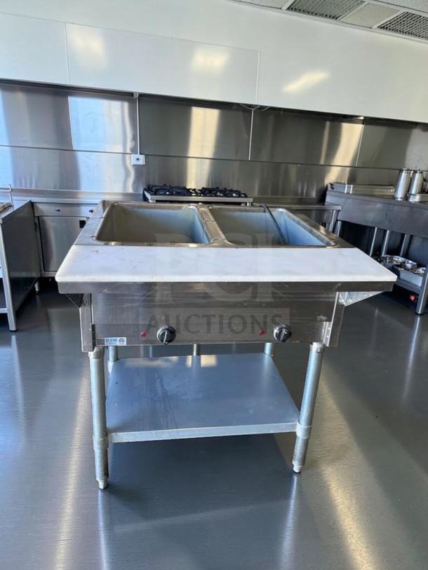 GSW ST-2WOE-12 commercial electric steam table, 2-well food warmer in exceptional condition, ETL listed, tested, operational.