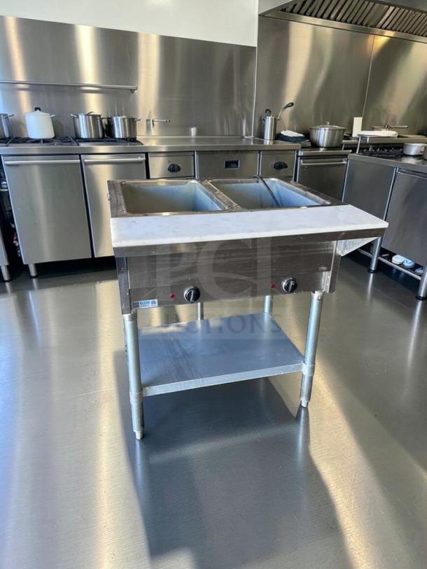 GSW ST-2WOE-12 commercial electric steam table, 2-well warmer, stainless steel, ETL listed, exceptional condition, fully tested.