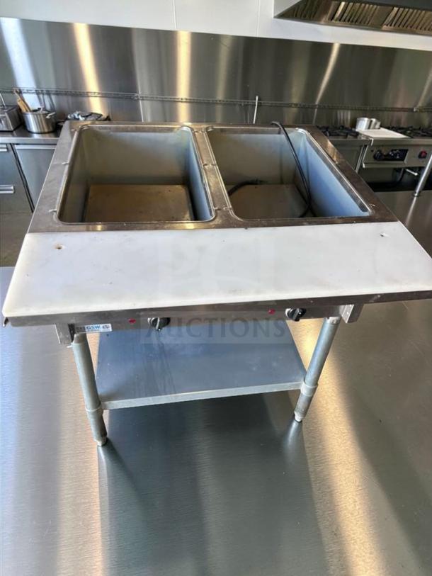 GSW ST-2WOE-12 commercial electric steam table with 2 wells, exceptional condition, ETL listed, fully tested, model GSW-M-STM-0597.