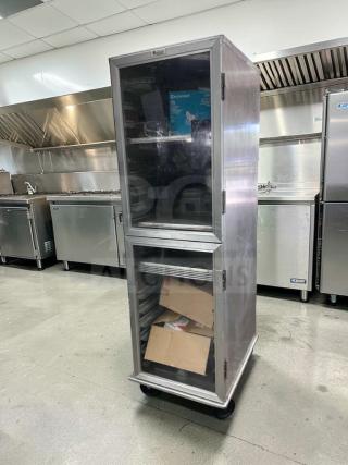 Mobile enclosed aluminum tray transport cabinet by Lockwood, Model CA72-RR18-R, excellent condition, NSF certified, made in USA.