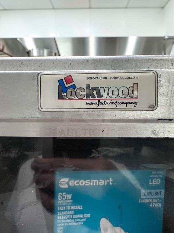 Excellent condition Lockwood CA72-RR18-R aluminum tray transport cabinet, NSF certified, mobile, USA-made. Model tag visible.